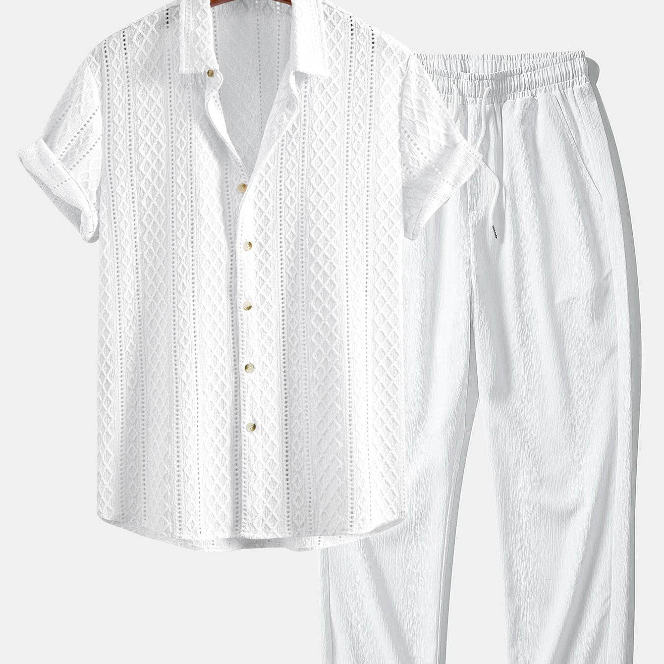 Geometry Rhombus Jacquard Button Up Shirt & Crinkle Textured Straight Leg Pants
