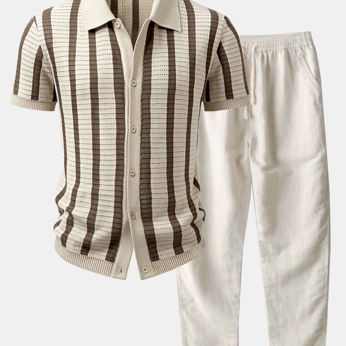 Stripe Button Up Knit Shirt & Straight Leg Linen Pants